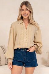 Aralyn Blouse - Balloon Sleeve Button Down Shirt in Beige