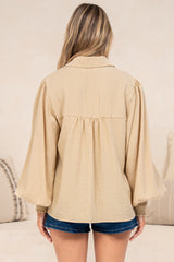 Aralyn Blouse - Balloon Sleeve Button Down Shirt in Beige