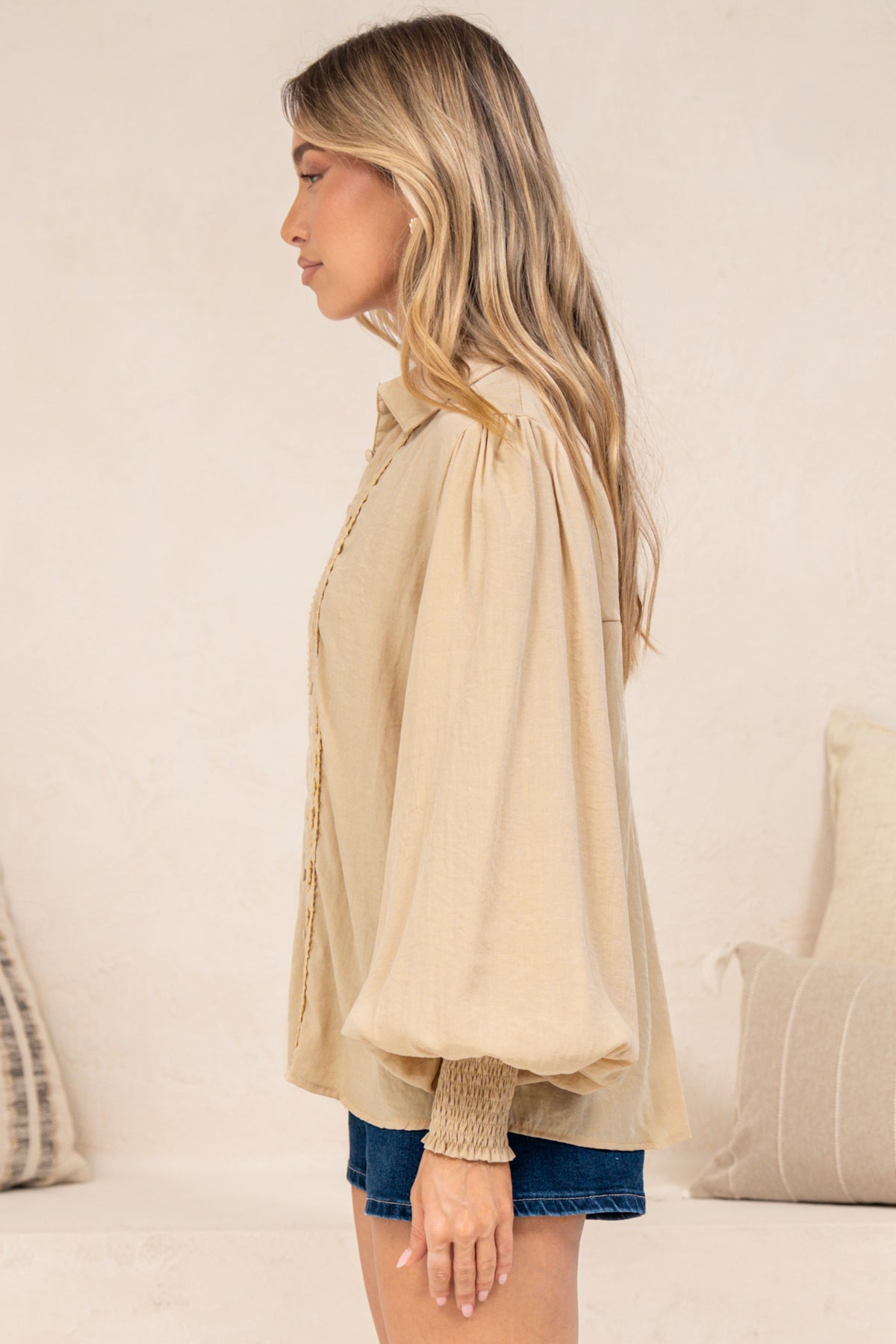 Aralyn Blouse - Balloon Sleeve Button Down Shirt in Beige