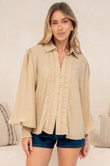 Aralyn Blouse - Balloon Sleeve Button Down Shirt in Beige