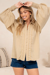 Aralyn Blouse - Balloon Sleeve Button Down Shirt in Beige