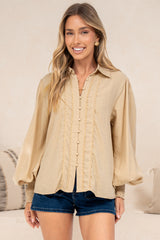 Aralyn Blouse - Balloon Sleeve Button Down Shirt in Beige
