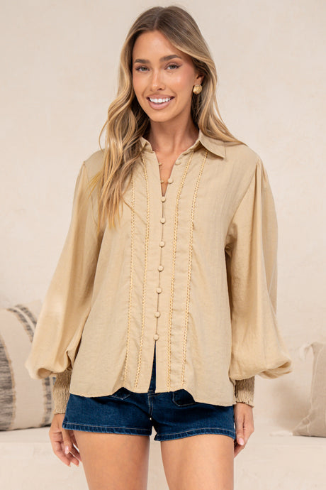 Aralyn Blouse - Balloon Sleeve Button Down Shirt in Beige