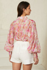 Aralyn Blouse - Balloon Sleeve Button Down Shirt in Pink Floral