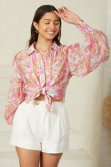 Aralyn Blouse - Balloon Sleeve Button Down Shirt in Pink Floral