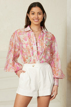 Aralyn Blouse - Balloon Sleeve Button Down Shirt in Pink Floral