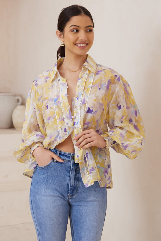 Aralyn Blouse - Balloon Sleeve Button Down Shirt in Yellow Floral