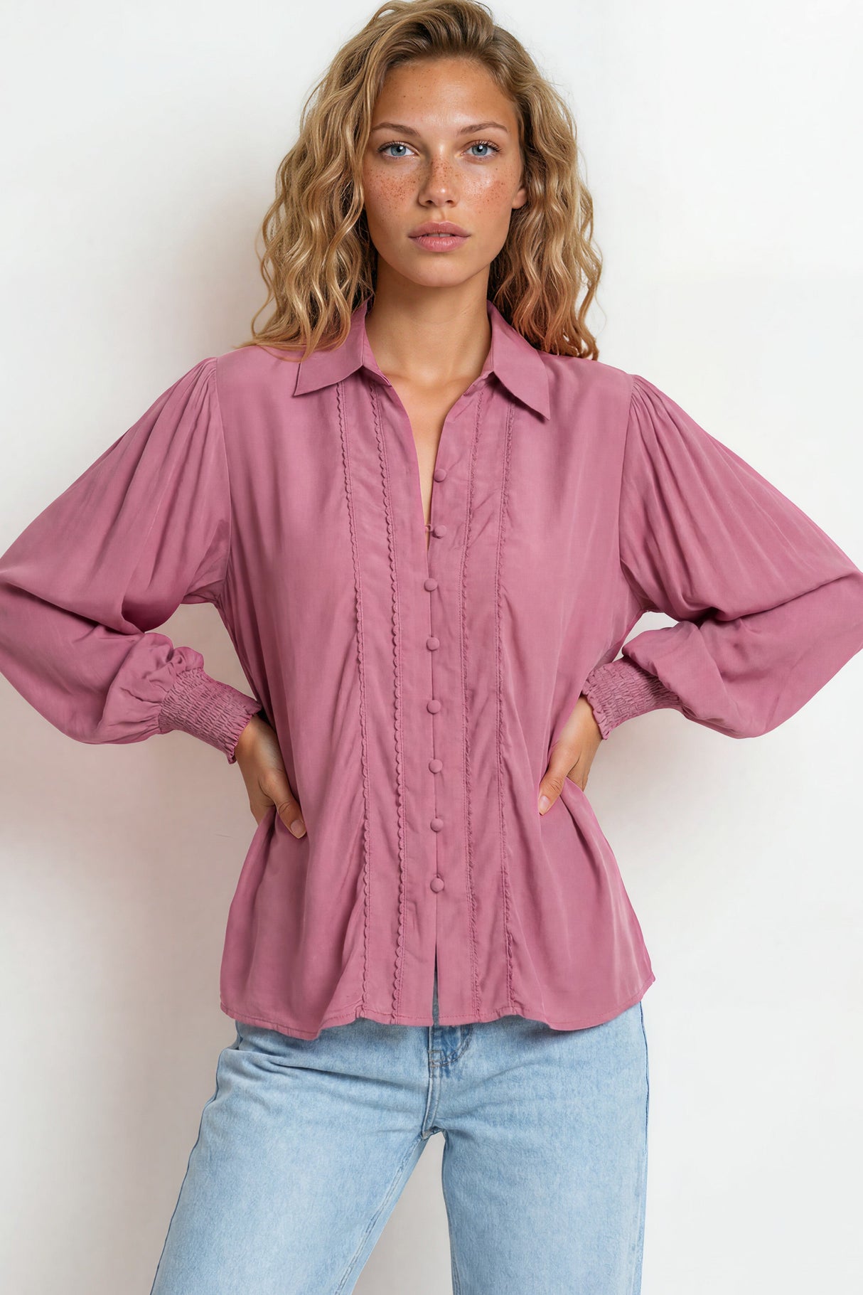 Model wearing Aralyn Blouse in Pink from Salty Crush

