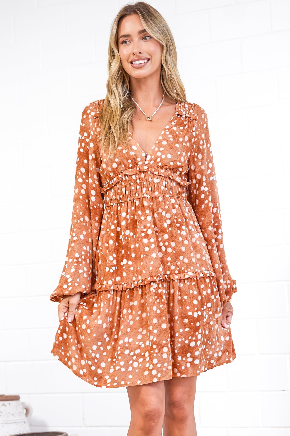Arcadia Mini Dress - V-Neck Ruffle Splicing Long Sleeve Dress in Lilwen Print