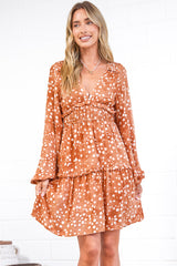 Arcadia Mini Dress - V-Neck Ruffle Splicing Long Sleeve Dress in Lilwen Print