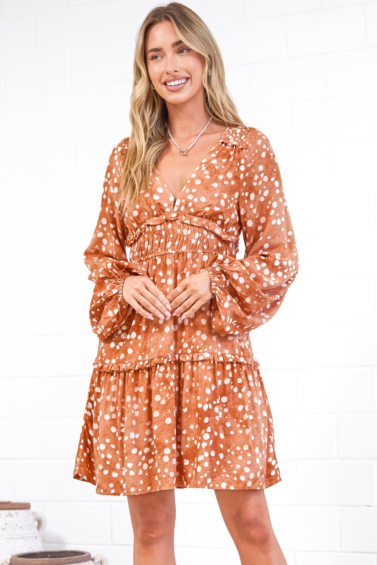 Arcadia Mini Dress - V-Neck Ruffle Splicing Long Sleeve Dress in Lilwen Print