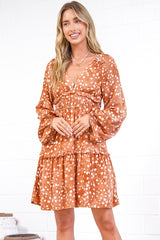 Arcadia Mini Dress - V-Neck Ruffle Splicing Long Sleeve Dress in Lilwen Print