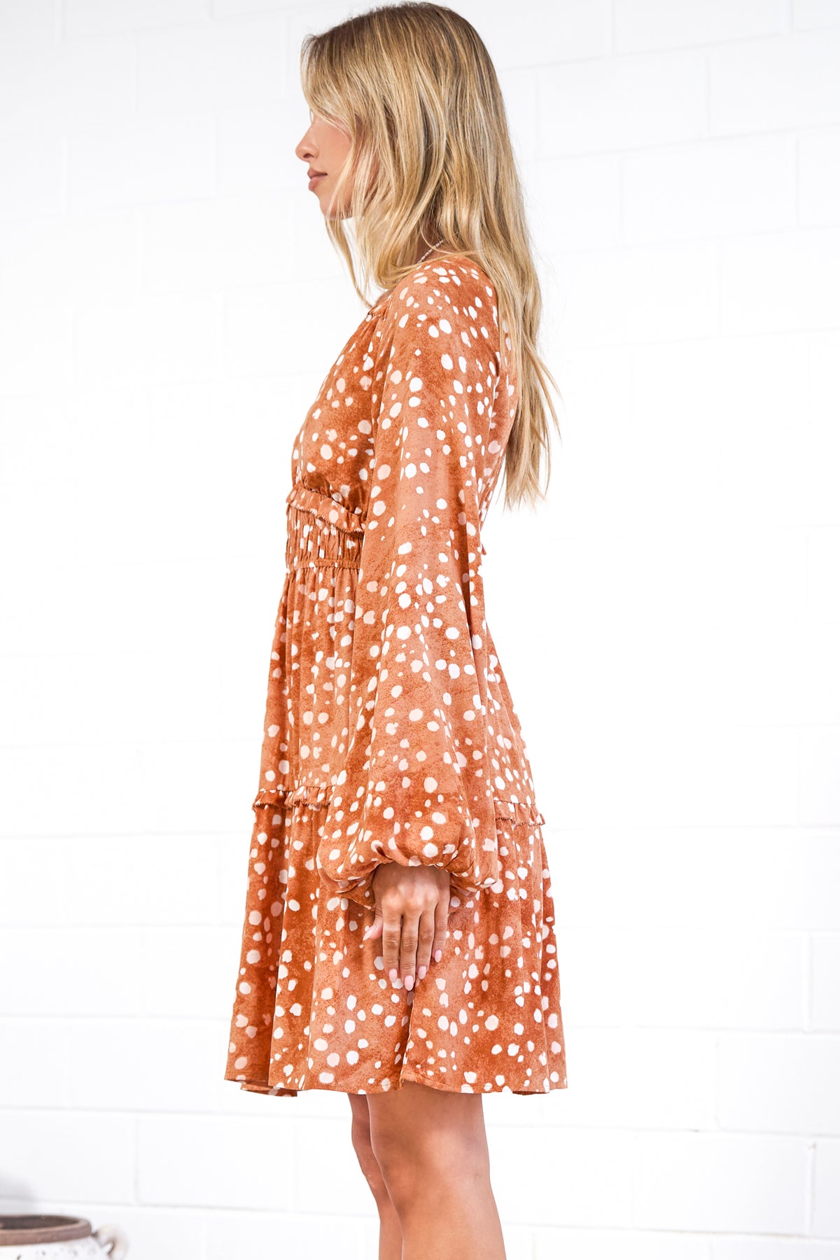 Arcadia Mini Dress - V-Neck Ruffle Splicing Long Sleeve Dress in Lilwen Print