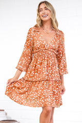Arcadia Mini Dress - V-Neck Ruffle Splicing Long Sleeve Dress in Lilwen Print