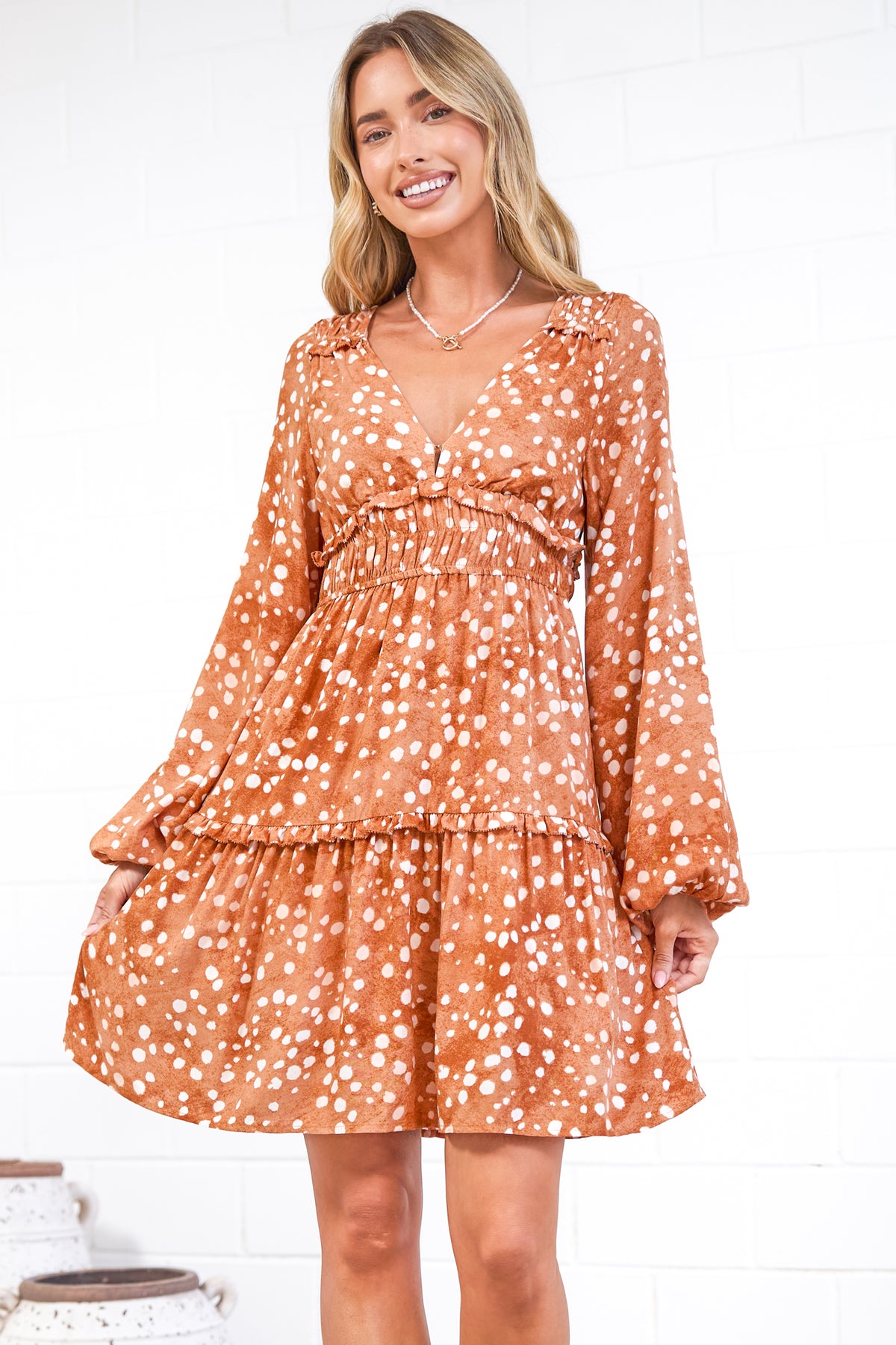 Arcadia Mini Dress - V-Neck Ruffle Splicing Long Sleeve Dress in Lilwen Print