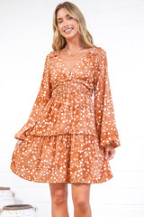 Arcadia Mini Dress - V-Neck Ruffle Splicing Long Sleeve Dress in Lilwen Print