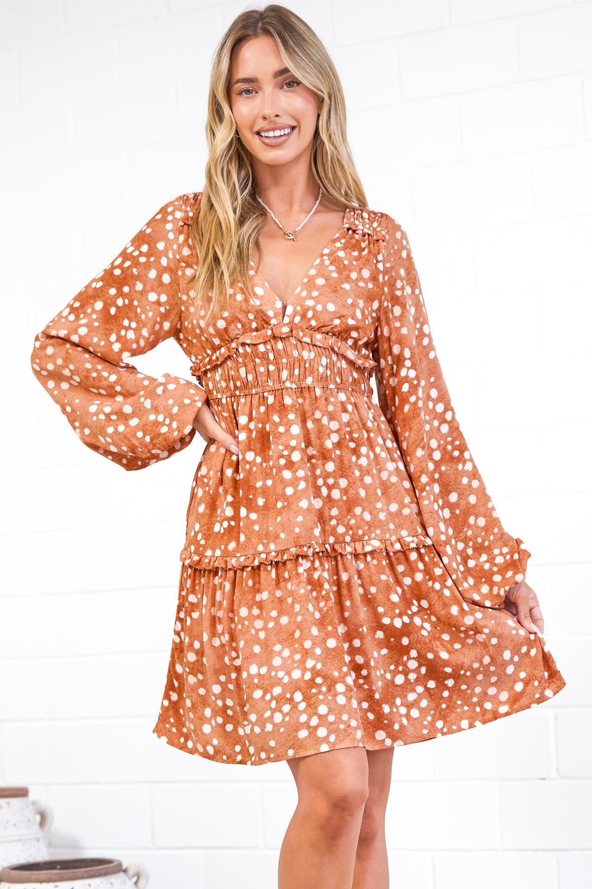Arcadia Mini Dress - V-Neck Ruffle Splicing Long Sleeve Dress in Lilwen Print