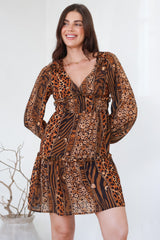 Arcadia Mini Dress - V-Neck Ruffle Splicing Long Sleeve Dress in Riley Print