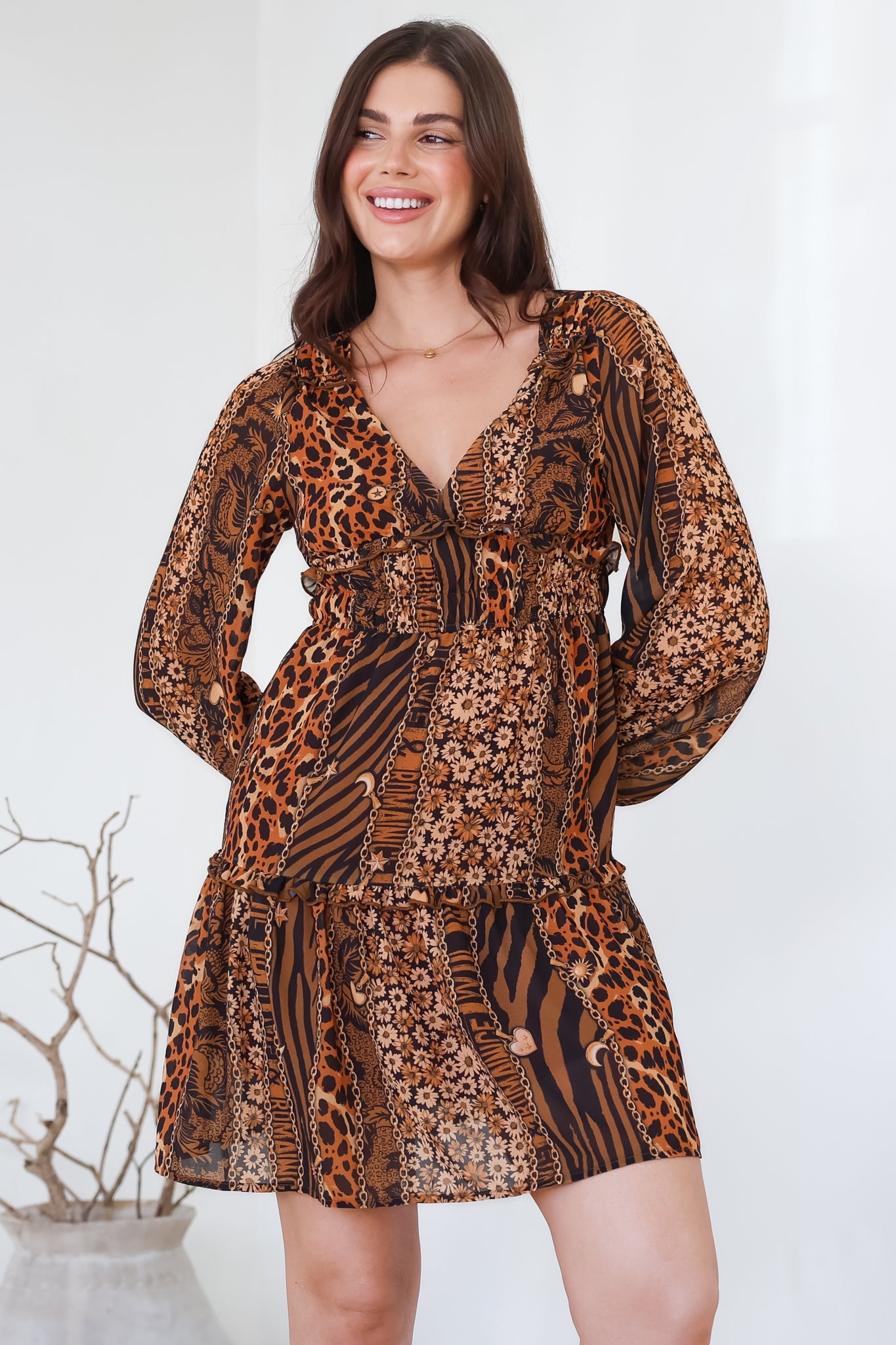 Arcadia Mini Dress V Neck Ruffle Splicing Long Sleeve Dress Riley Print