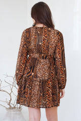 Arcadia Mini Dress - V-Neck Ruffle Splicing Long Sleeve Dress in Riley Print