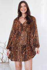 Arcadia Mini Dress - V-Neck Ruffle Splicing Long Sleeve Dress in Riley Print