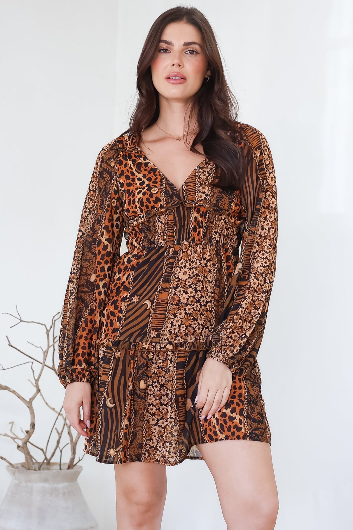 Arcadia Mini Dress - V-Neck Ruffle Splicing Long Sleeve Dress in Riley Print