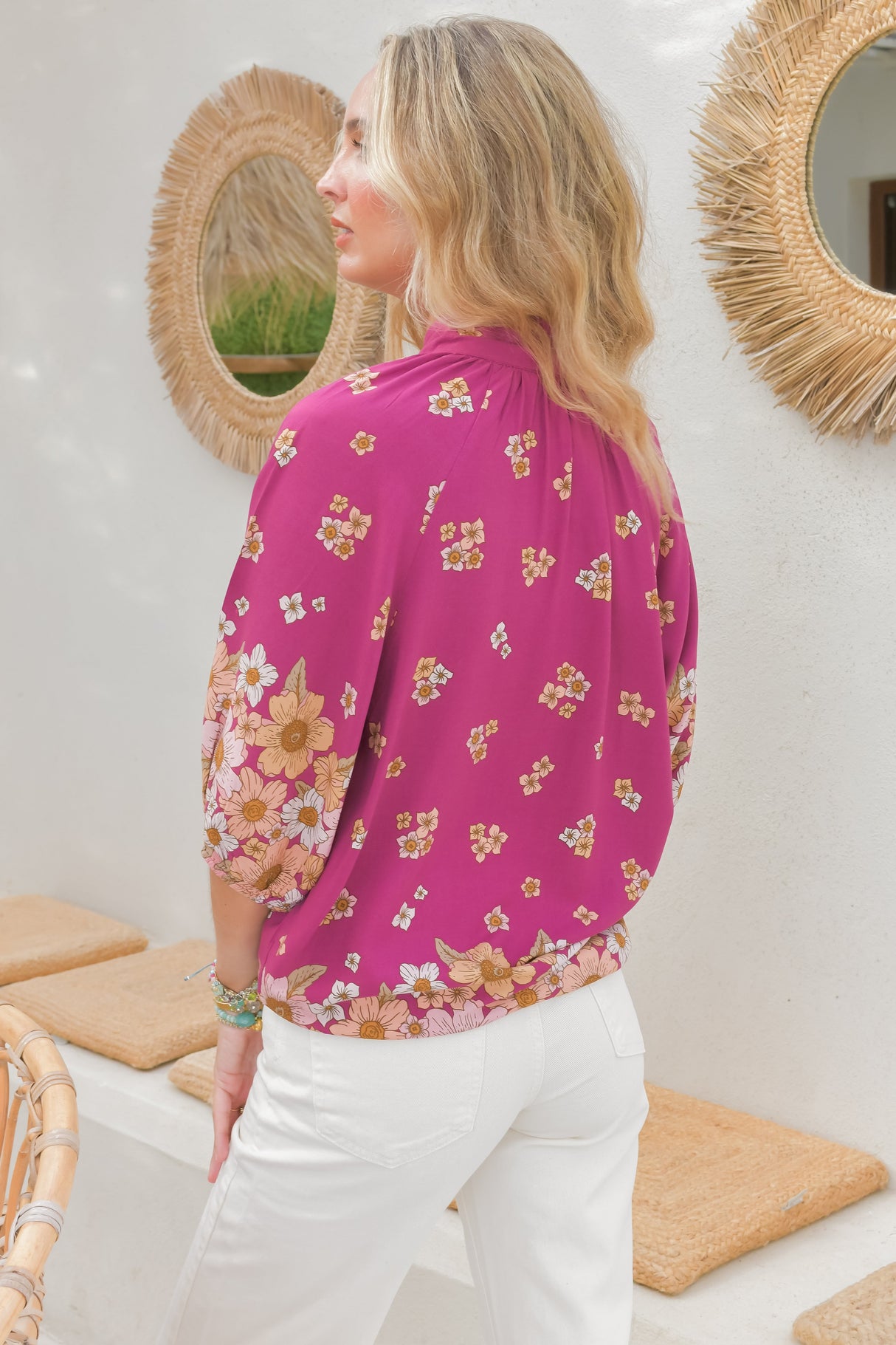 Arden Blouse: V-Neck Buttoned Through Scoop Hem Top in Bee Orchid Print