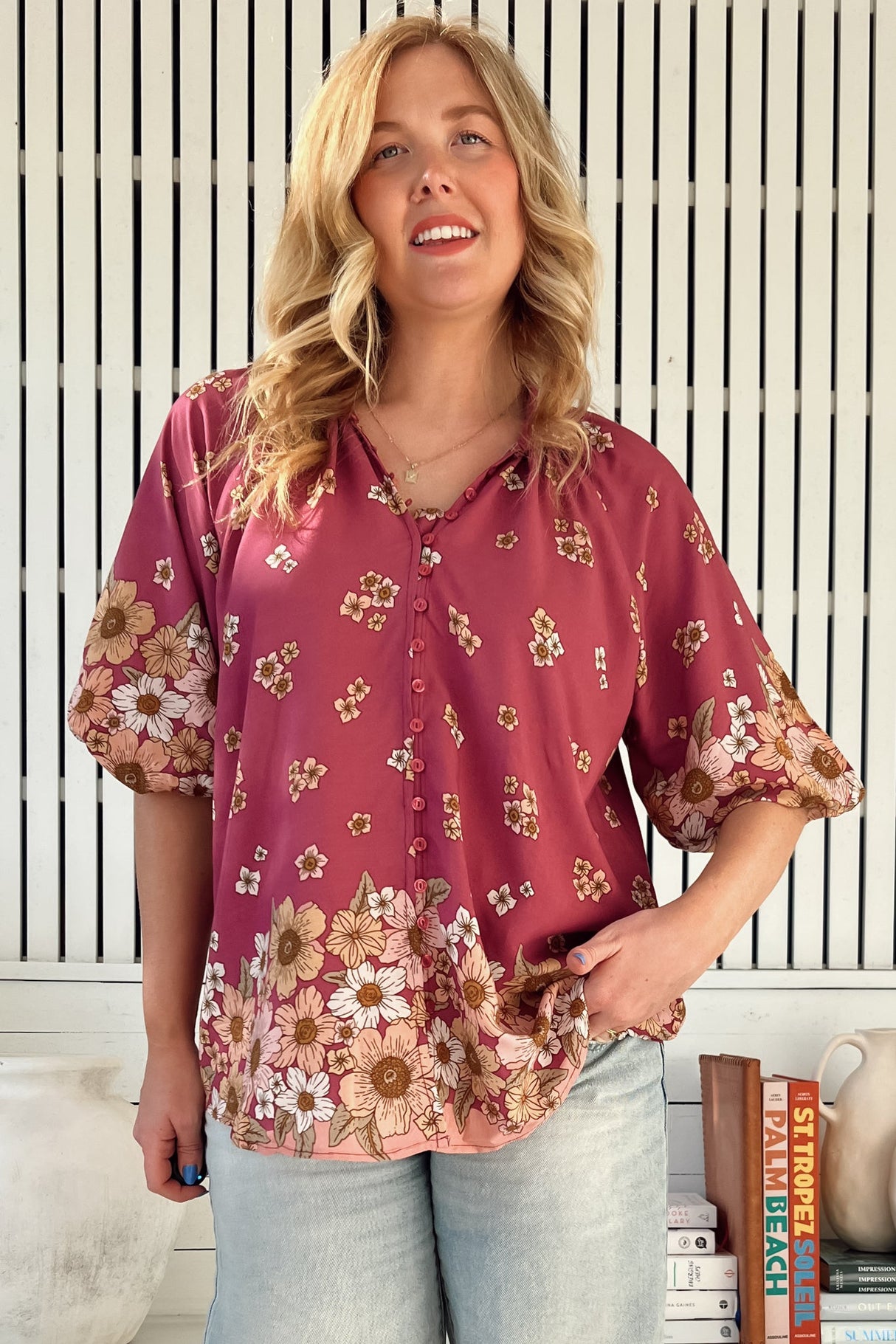 Arden Blouse: V-Neck Buttoned Through Scoop Hem Top in Bee Orchid Print