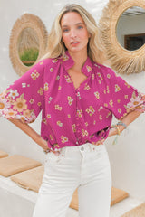 Arden Blouse: V-Neck Buttoned Through Scoop Hem Top in Bee Orchid Print