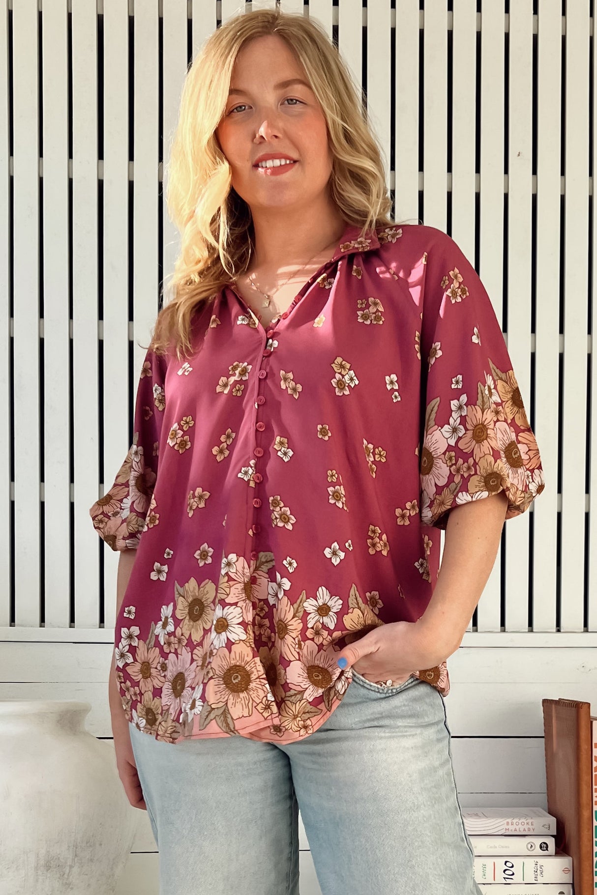 Arden Blouse: V-Neck Buttoned Through Scoop Hem Top in Bee Orchid Print