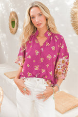 Arden Blouse: V-Neck Buttoned Through Scoop Hem Top in Bee Orchid Print