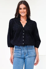 Ardena Blouse - Eyelet Embroidery Cotton Button Down with 3/4 Sleeves in Black