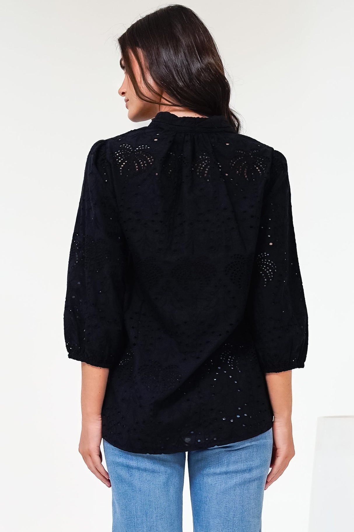 Ardena Blouse - Eyelet Embroidery Cotton Button Down with 3/4 Sleeves in Black