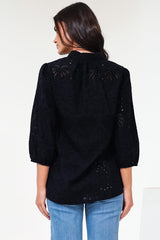 Ardena Blouse - Eyelet Embroidery Cotton Button Down with 3/4 Sleeves in Black