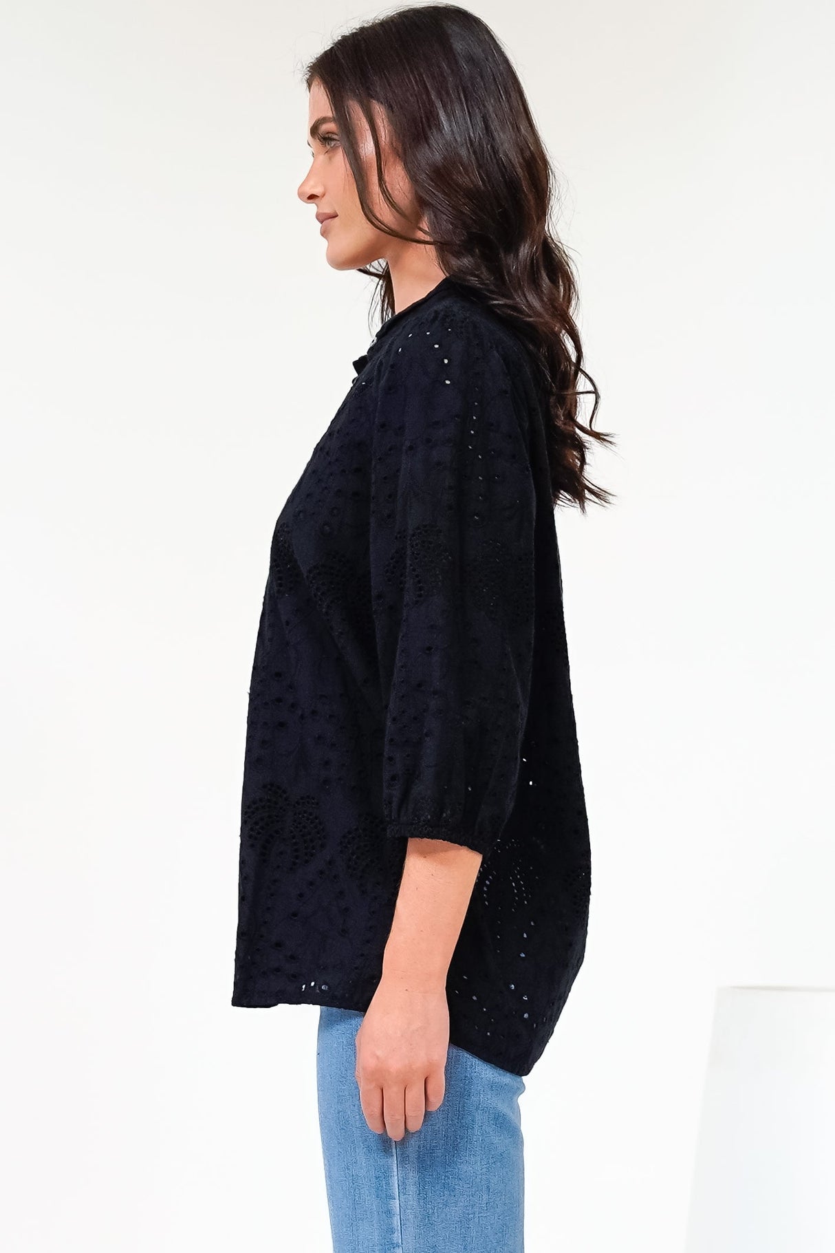 Ardena Blouse - Eyelet Embroidery Cotton Button Down with 3/4 Sleeves in Black