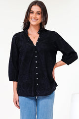 Ardena Blouse - Eyelet Embroidery Cotton Button Down with 3/4 Sleeves in Black