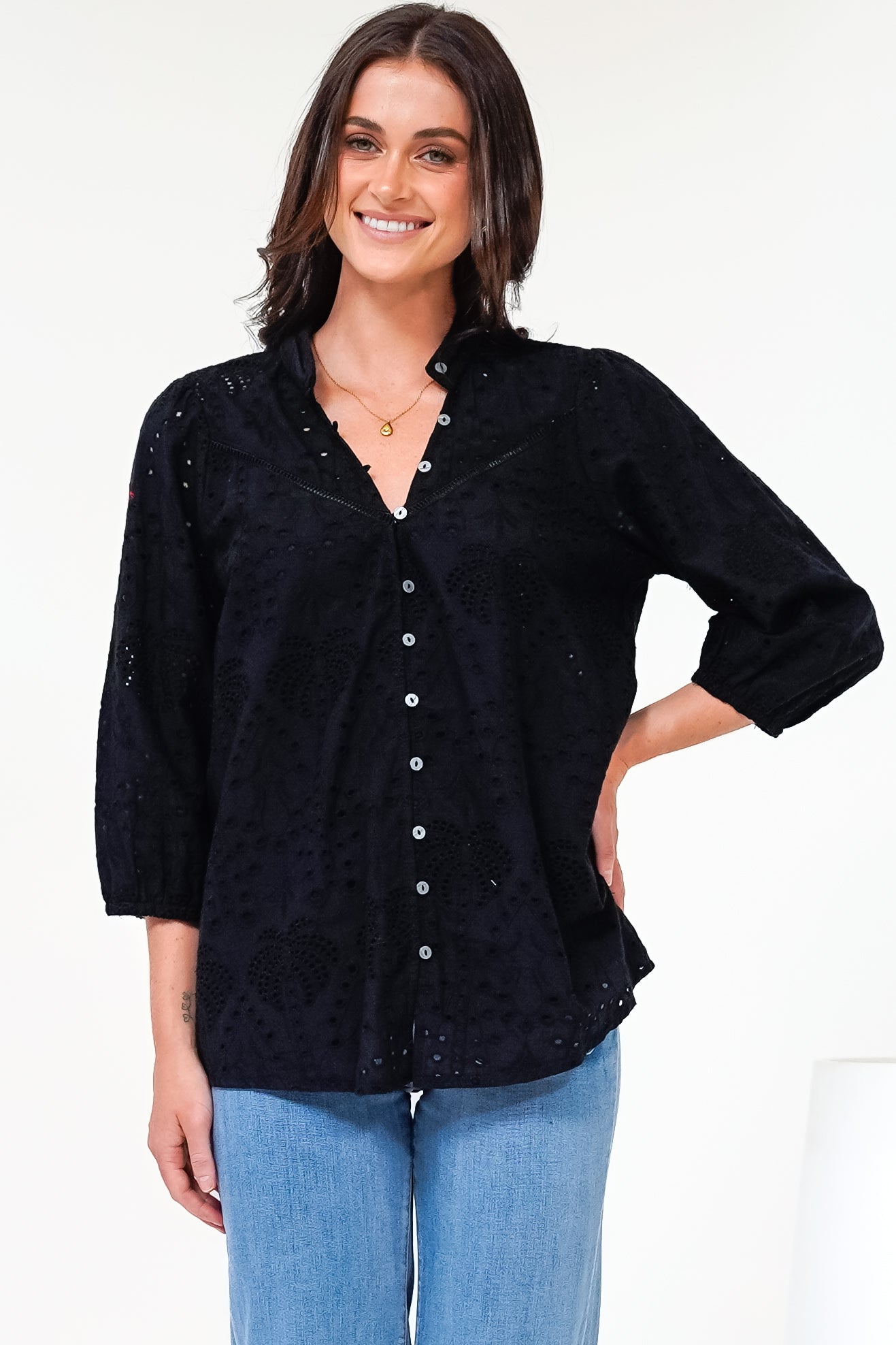 Ardena Blouse Eyelet Embroidery Cotton Button Down 3 4 Sleeves