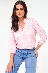 Ardena Blouse - Eyelet Embroidery Cotton Button Down with 3/4 Sleeves in Pink