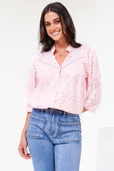 Ardena Blouse - Eyelet Embroidery Cotton Button Down with 3/4 Sleeves in Pink