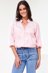 Ardena Blouse - Eyelet Embroidery Cotton Button Down with 3/4 Sleeves in Pink