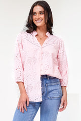 Ardena Blouse - Eyelet Embroidery Cotton Button Down with 3/4 Sleeves in Pink