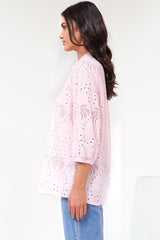 Ardena Blouse - Eyelet Embroidery Cotton Button Down with 3/4 Sleeves in Pink