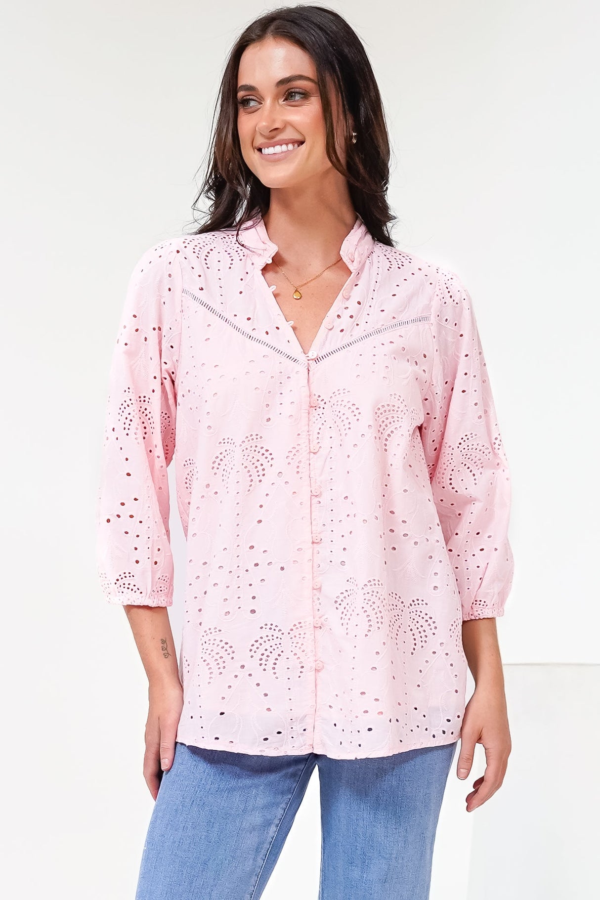 Ardena Blouse - Eyelet Embroidery Cotton Button Down with 3/4 Sleeves in Pink