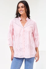 Ardena Blouse - Eyelet Embroidery Cotton Button Down with 3/4 Sleeves in Pink