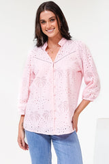 Ardena Blouse - Eyelet Embroidery Cotton Button Down with 3/4 Sleeves in Pink