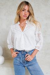 Ardena Blouse - Eyelet Embroidery Cotton Button Down with 3/4 Sleeves in White