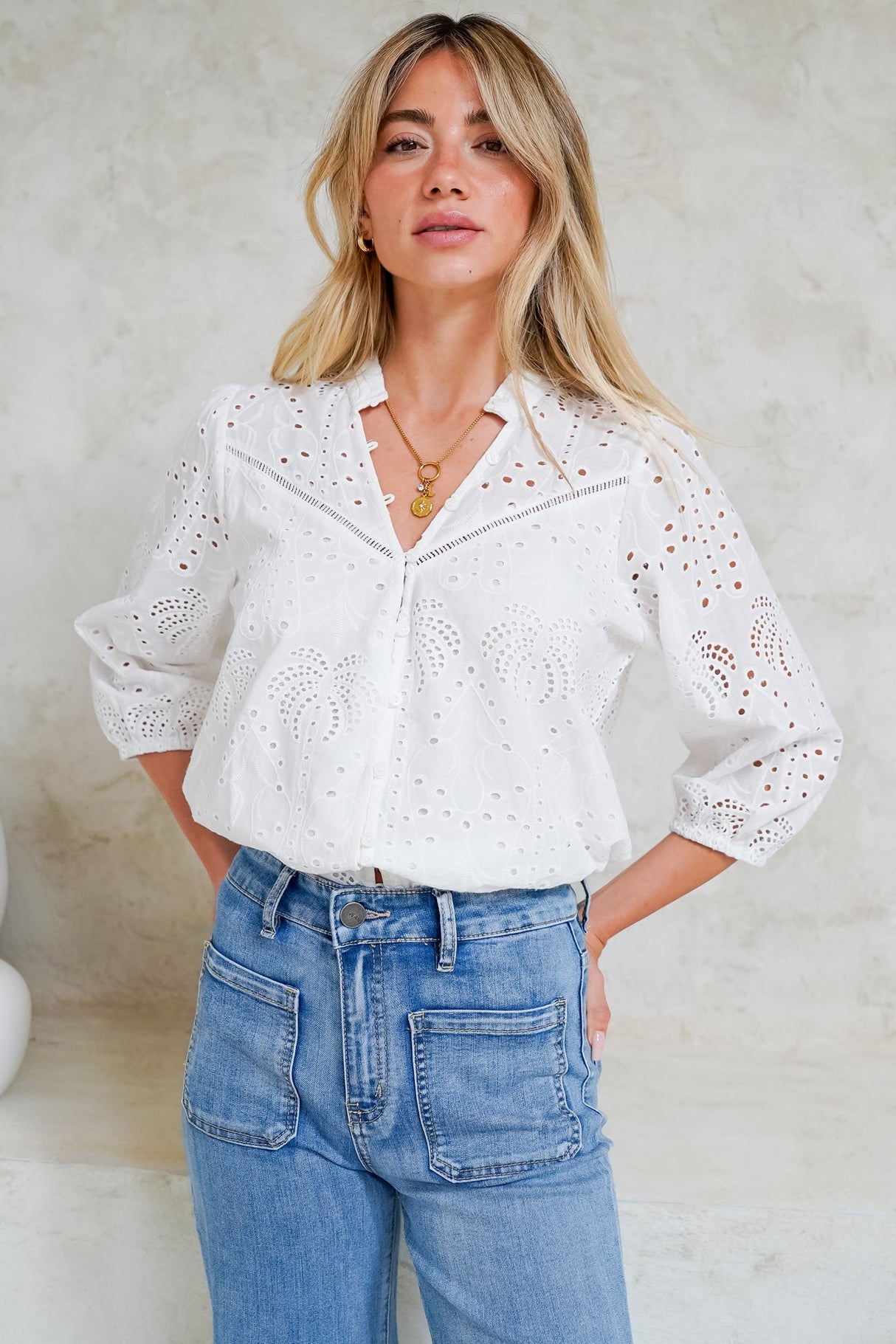 Ardena Blouse - Eyelet Embroidery Cotton Button Down with 3/4 Sleeves in White