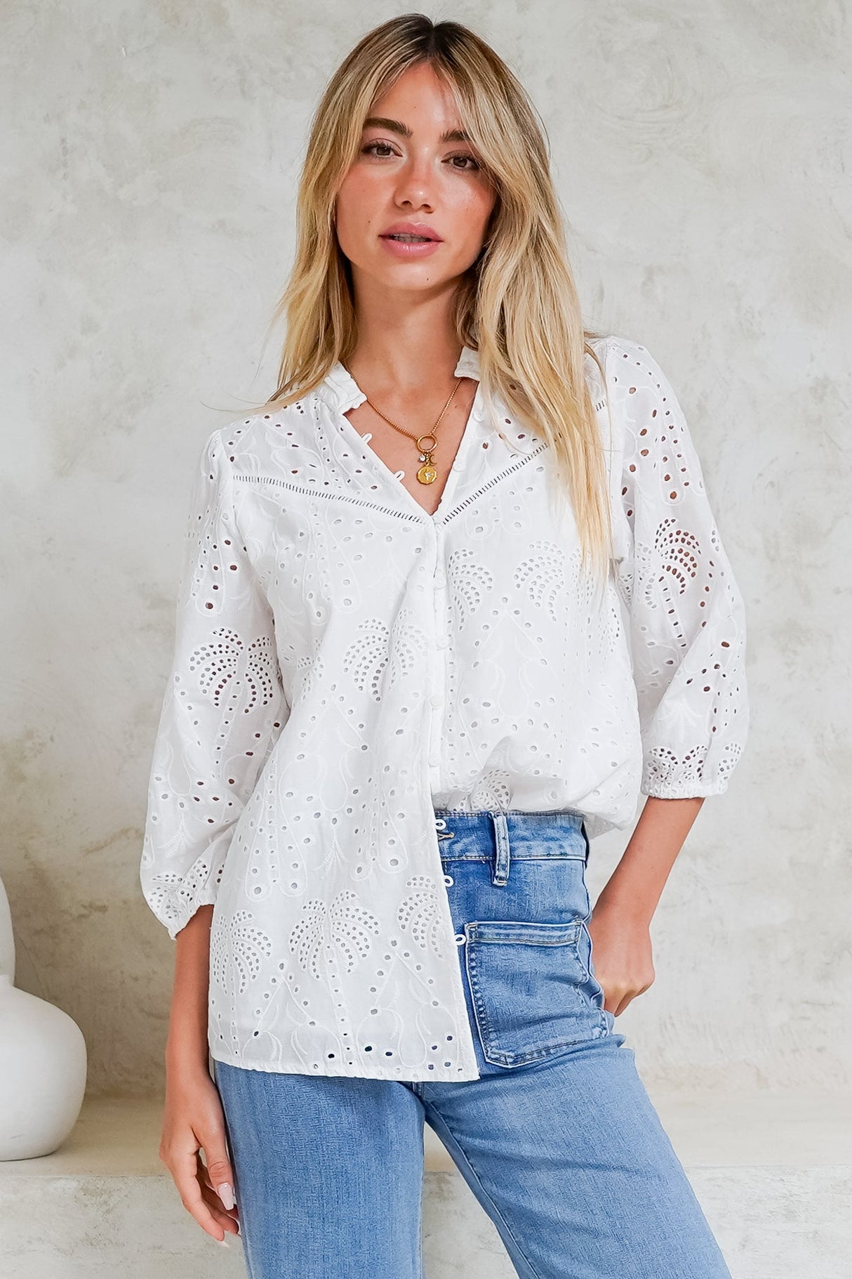 Ardena Blouse - Eyelet Embroidery Cotton Button Down with 3/4 Sleeves in White