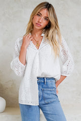 Ardena Blouse - Eyelet Embroidery Cotton Button Down with 3/4 Sleeves in White