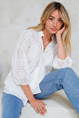Ardena Blouse - Eyelet Embroidery Cotton Button Down with 3/4 Sleeves in White